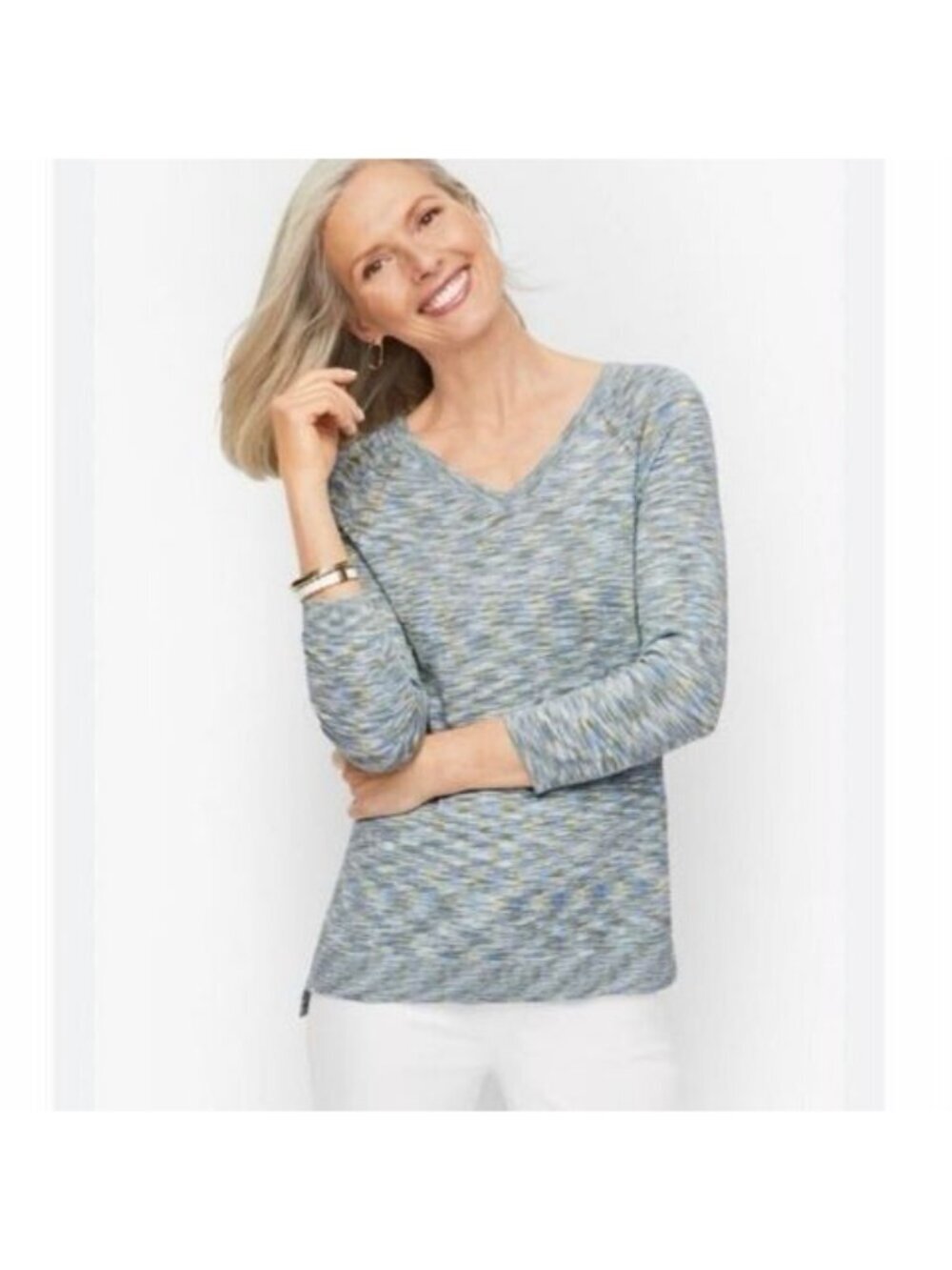 Talbots Space Dye Blue Green Raglan V-Neck Sweater Top Medium
